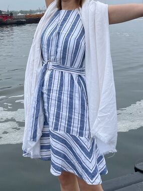 Blue and White Striped Belted Midi Dress